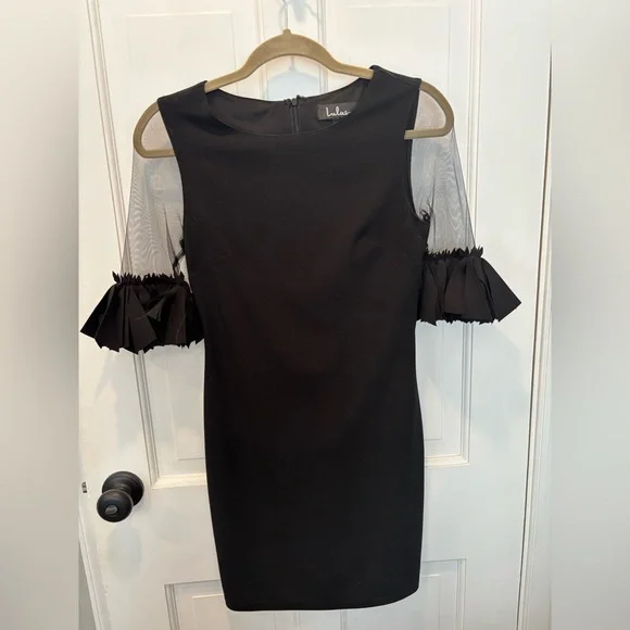 EUC Lulu's Black Sheer Ruffle-Sleeve Bodycon Dress Size S - Picture 2 of 12